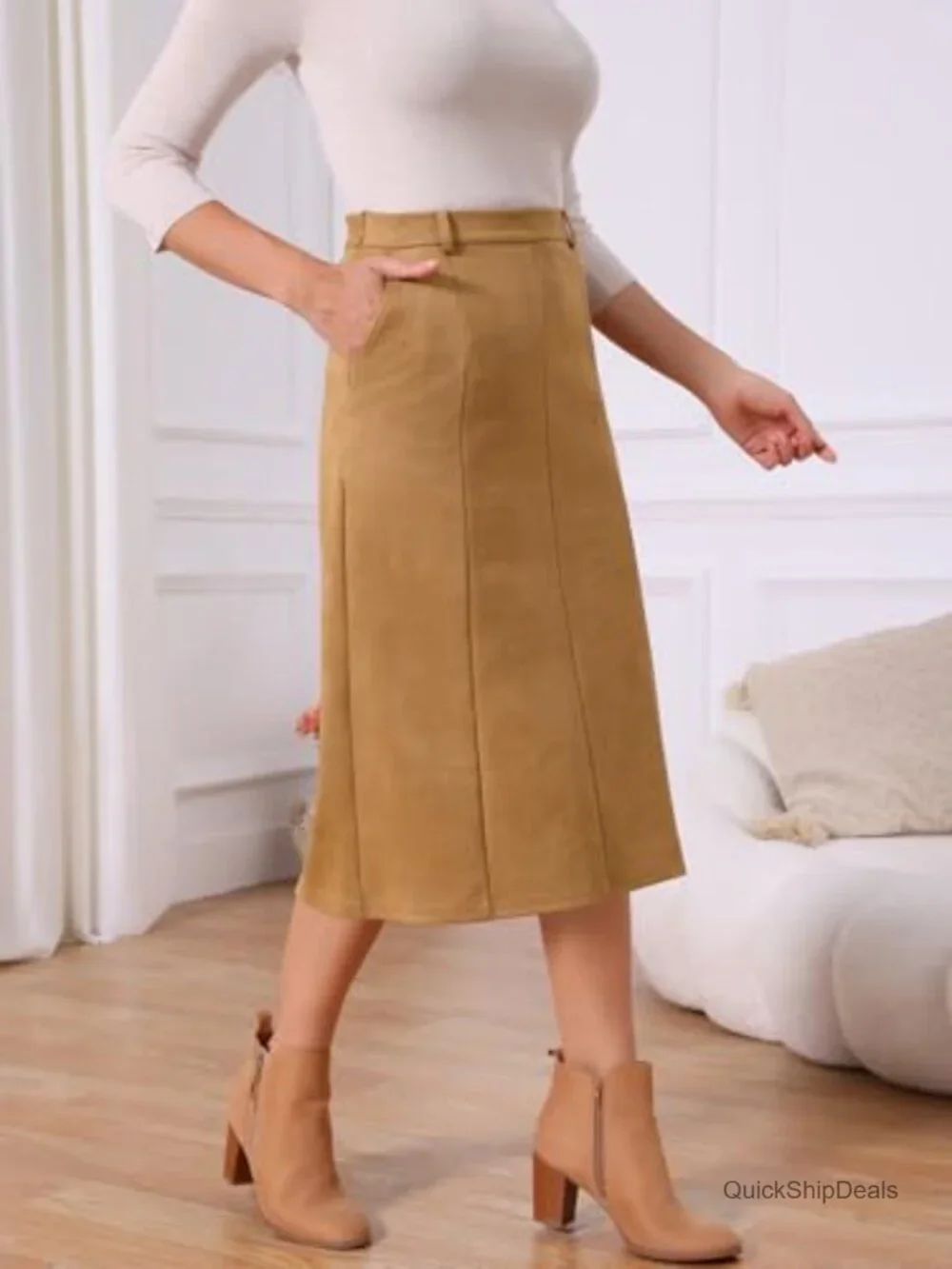 Faux Suede High Waist A-Line Midi Skirt with Belt Loops & Pockets